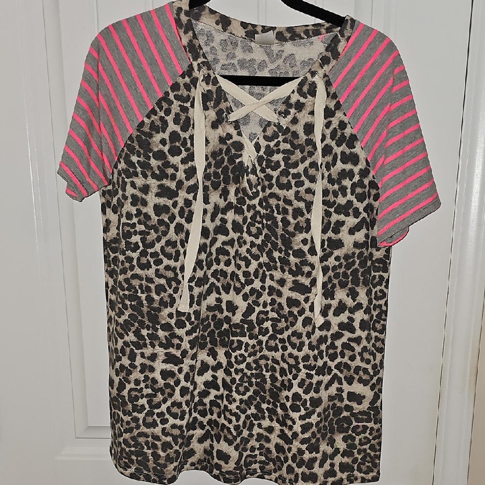Sew In Love Pink and Black Short Sleeve Tee with Leopard Print
